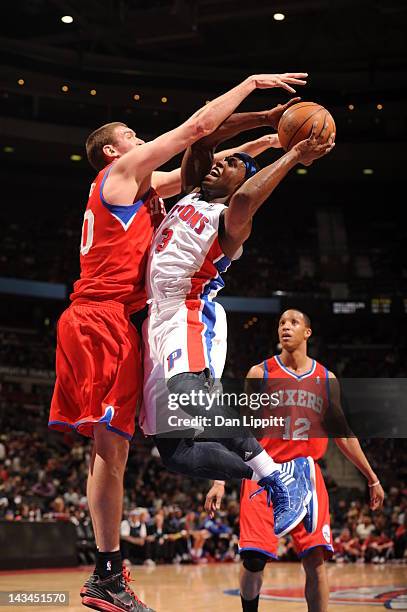 Rodney Stuckey of the Detroit Pistons goes for a shot against the Philadelphia 76ers on April 26, 2012 at The Palace of Auburn Hills in Auburn Hills,...