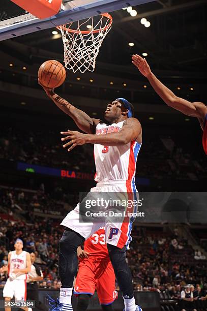 Rodney Stuckey of the Detroit Pistons goes to the basket during the game between the Detroit Pistons and the Philadelphia 76ers on April 26, 2012 at...