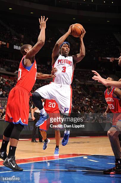 Rodney Stuckey of the Detroit Pistons goes for a jump shot during the game between the Detroit Pistons and the Philadelphia 76ers on April 26, 2012...