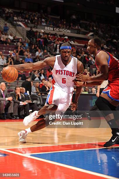Ben Wallace of the Detroit Pistons drives during the game between the Detroit Pistons and the Philadelphia 76ers on April 26, 2012 at The Palace of...