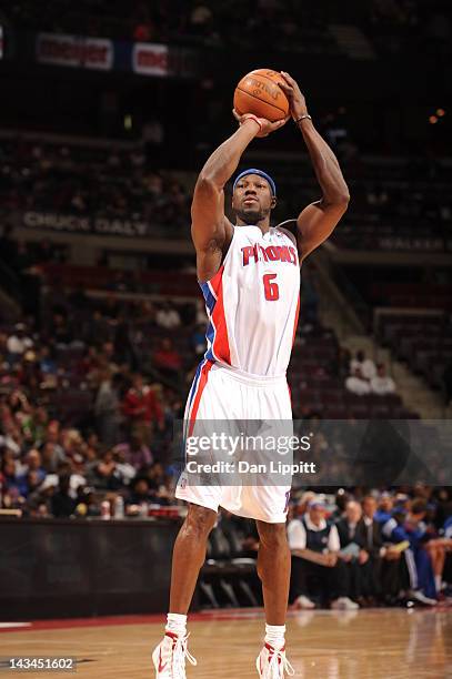 Ben Wallace of the Detroit Pistons shoots a ball during the game between the Detroit Pistons and the Philadelphia 76ers on April 26, 2012 at The...