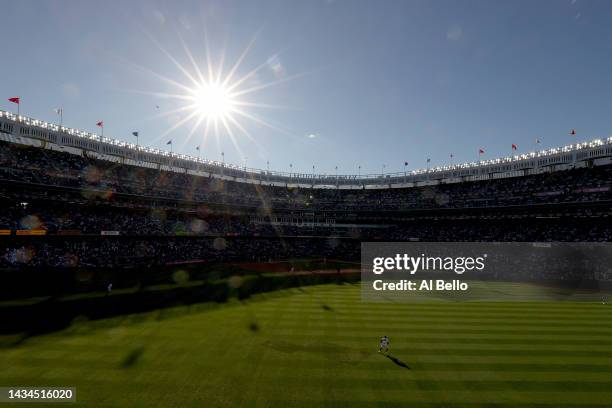 General view during the first inning in game five of the American League Division Series between the Cleveland Guardians and New York Yankees at...