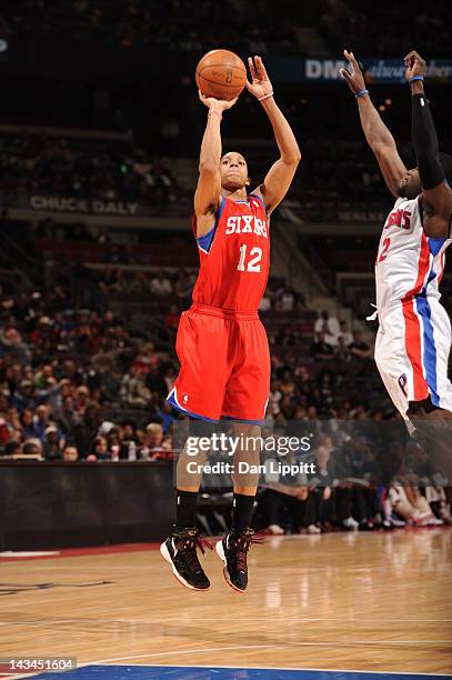 Evan Turner of the Philadelphia 76ers during the game between the Detroit Pistons and the Philadelphia 76ers on April 26, 2012 at The Palace of...