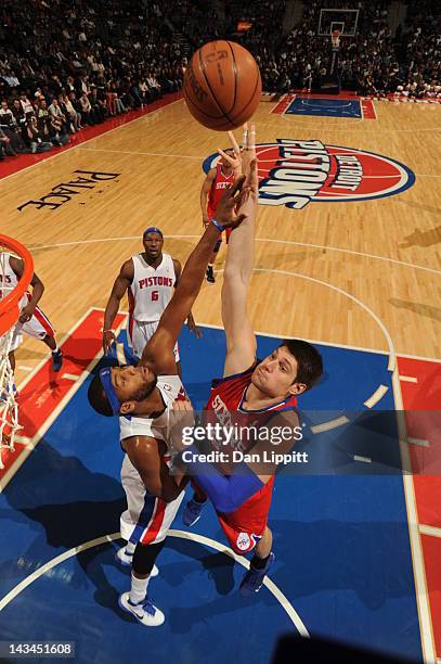 Nikola Vucevic of the Philadelphia 76ers goes to the basket during the game between the Detroit Pistons and the Philadelphia 76ers on April 26, 2012...