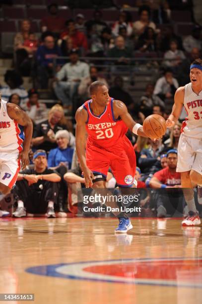 Jodie Meeks of the Philadelphia 76ers drives during the game between the Detroit Pistons and the Philadelphia 76ers on April 26, 2012 at The Palace...