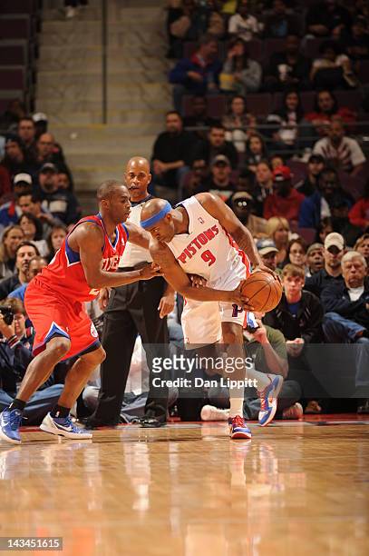 Damien Wilkins of the Detroit Pistons protects the ball during the game between the Detroit Pistons and the Philadelphia 76ers on April 26, 2012 at...
