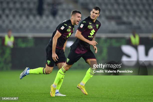 Pietro Pellegri of Torino FC celebrates after scoring their team's second goal during the Coppa Italia match between Torino FC and Cittadella at...