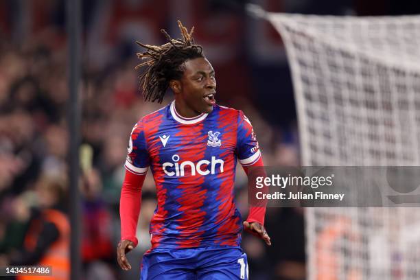 Eberechi Eze of Crystal Palace celebrates after scoring their team's first goal during the Premier League match between Crystal Palace and...