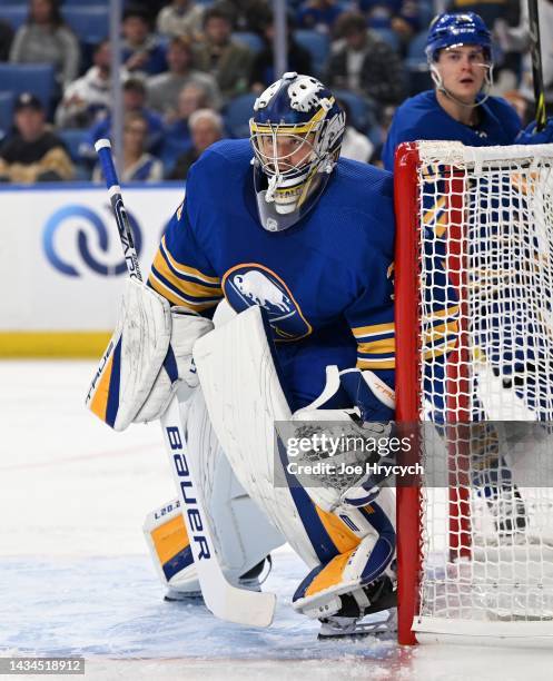 Eric Comrie of the Buffalo Sabres tends goal against the Florida Panthers during an NHL game on October 15, 2022 at KeyBank Center in Buffalo, New...