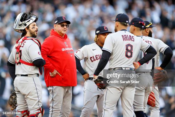 Manager Terry Francona of the Cleveland Guardians pulls Aaron Civale during the first inning against the New York Yankees in game five of the...