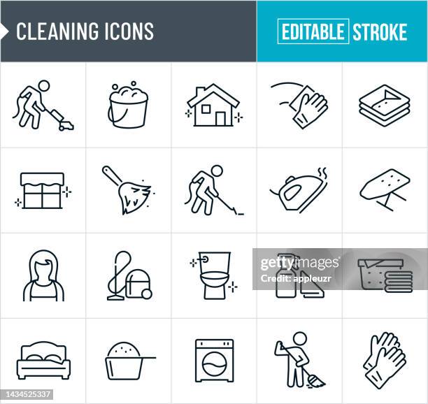 cleaning thin line icons - editable stroke - duster stock illustrations