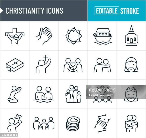 illustrazioni stock, clip art, cartoni animati e icone di tendenza di icone a linee sottili del cristianesimo - tratto modificabile - the crucifixion