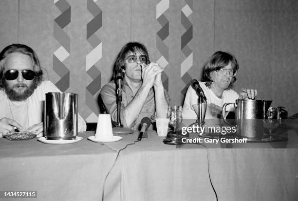 View, from left, of American Rock musicians Keith Godchaux , Bob Weir, and Phil Lesh, all of the group Grateful Dead, during a press conference at...