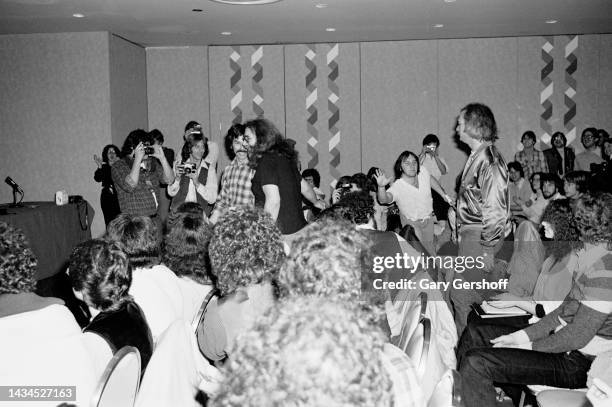 American Rock musicians Mickey Hart , Jerry Garcia , and Bill Kreutzmann , all of the group Grateful Dead, as they arrive for a press conference at...