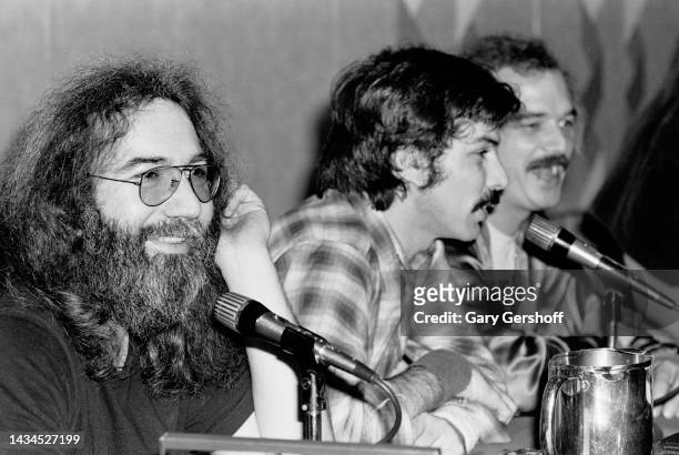 View, from left, of American Rock musicians Jerry Garcia , Mickey Hart, and Bill Kreutzmann, all of the group Grateful Dead, during a press...