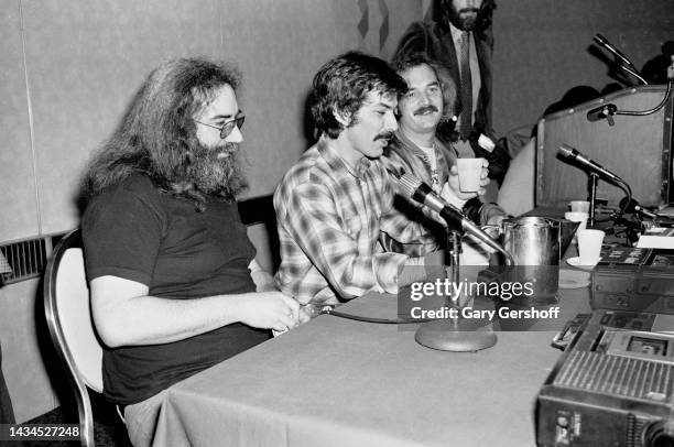 View, from left, of American Rock musicians Jerry Garcia , Mickey Hart, and Bill Kreutzmann, all of the group Grateful Dead, during a press...