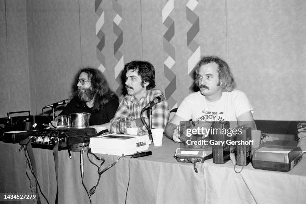 View, from left, of American Rock musicians Jerry Garcia , Mickey Hart, and Bill Kreutzmann, all of the group Grateful Dead, during a press...