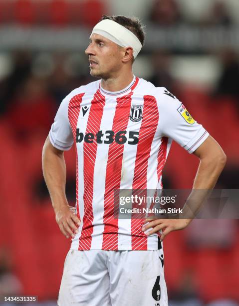 Phil Jagielka of Stoke City reacts during the Sky Bet Championship between Stoke City and Rotherham United at Bet365 Stadium on October 18, 2022 in...