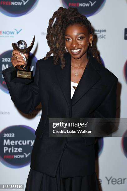 Little Simz celebrates winning the Mercury Prize: Albums of the Year 2022 at St Paul's Church on October 18, 2022 in London, England.