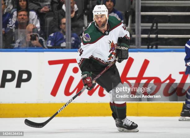 Zack Kassian of the Arizona Coyotes skates against the Toronto Maple Leafs during an NHL game at Scotiabank Arena on October 17, 2022 in Toronto,...