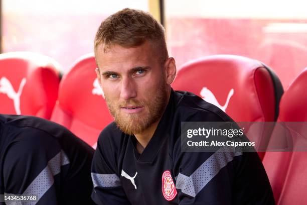 Samu Saiz of Girona FC looks on prior to the LaLiga Santander match between Girona FC and Cadiz CF at Montilivi Stadium on October 15, 2022 in...