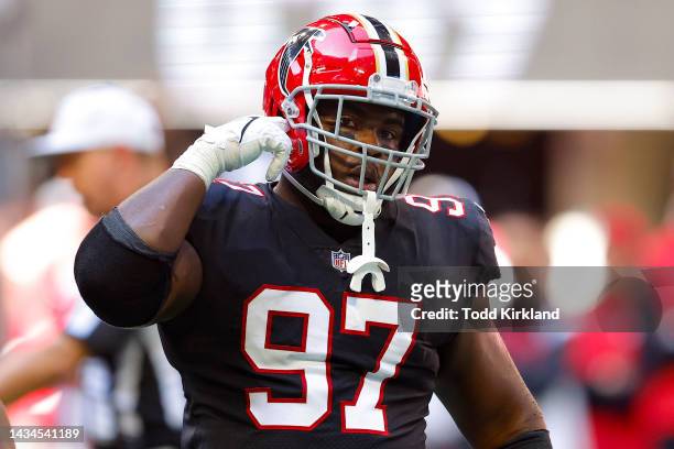 Grady Jarrett of the Atlanta Falcons reacts during the first half against the San Francisco 49ers at Mercedes-Benz Stadium on October 16, 2022 in...