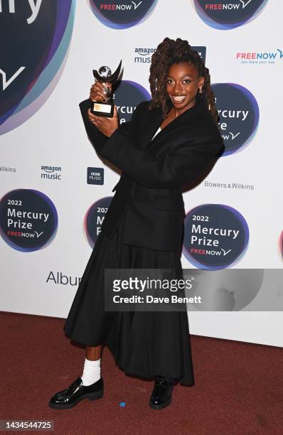 Little Simz poses in the winners room at the Mercury Prize: Albums of the Year 2022 awards ceremony at Eventim Apollo Hammersmith on October 18, 2022...