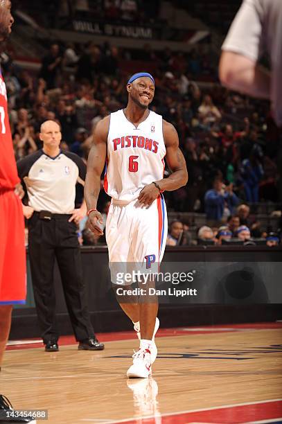 Ben Wallace of the Detroit Pistons smiles during the game between the Detroit Pistons and the Philadelphia 76ers on April 26, 2012 at The Palace of...