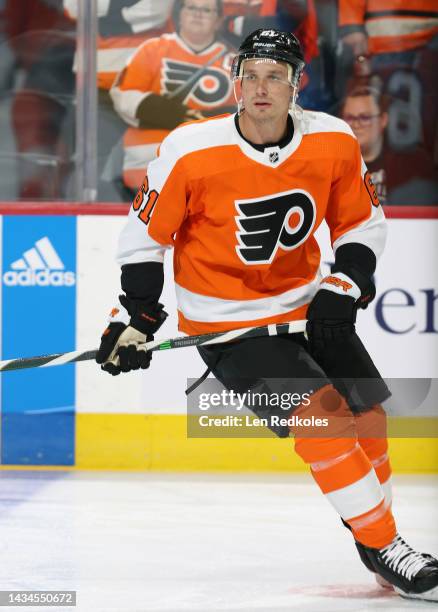 Justin Braun of the Philadelphia Flyers skates during warm-ups against the New Jersey Devils at the Wells Fargo Center on October 13, 2022 in...