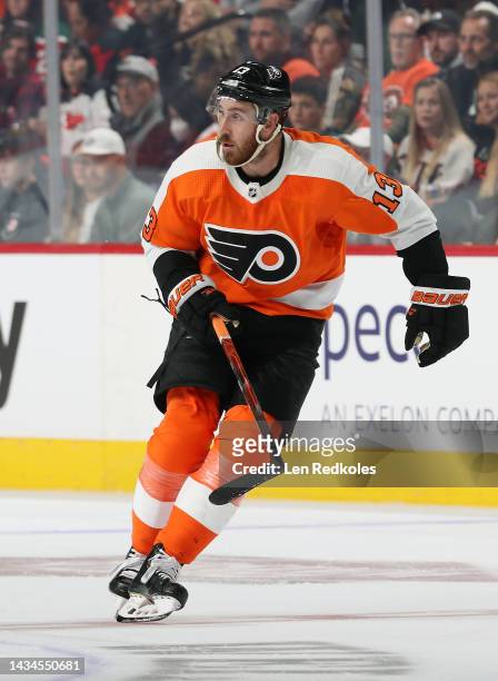 Kevin Hayes of the Philadelphia Flyers skates against the New Jersey Devils at the Wells Fargo Center on October 13, 2022 in Philadelphia,...