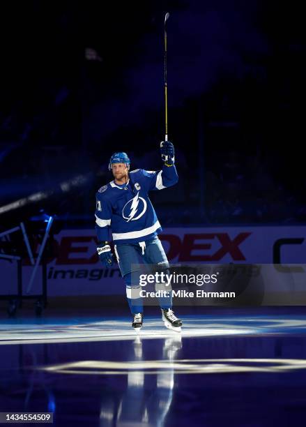 Steven Stamkos of the Tampa Bay Lightning takes the ice during a game against the Philadelphia Flyers at Amalie Arena on October 18, 2022 in Tampa,...