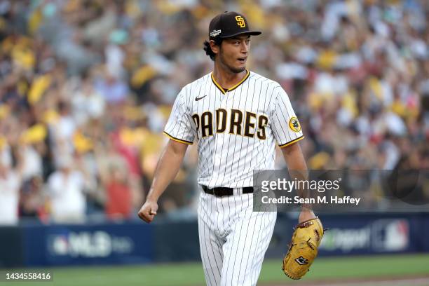 Yu Darvish of the San Diego Padres reacts after the top of the first inning against the Philadelphia Phillies in game one of the National League...