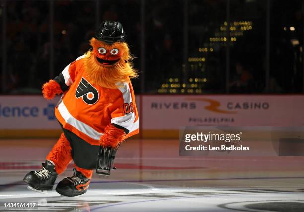 Gritty the mascot of the Philadelphia Flyers skates onto the ice prior to an NHL game against the New Jersey Devils at the Wells Fargo Center on...