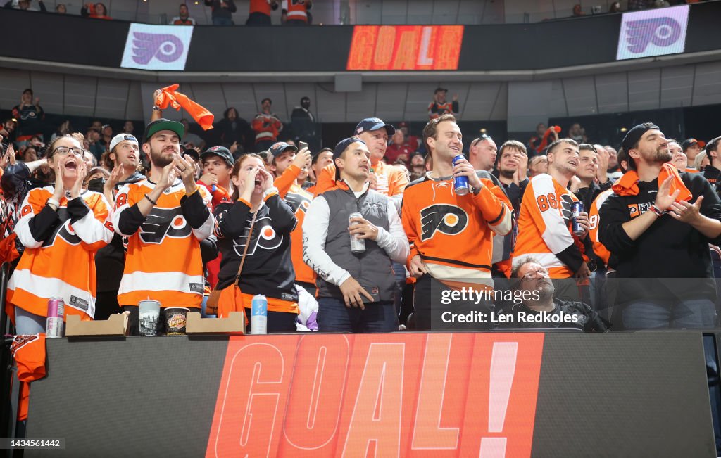 Devils Flyers Fans of the Philadelphia Flyers celebrate a goal during an NHL game ...