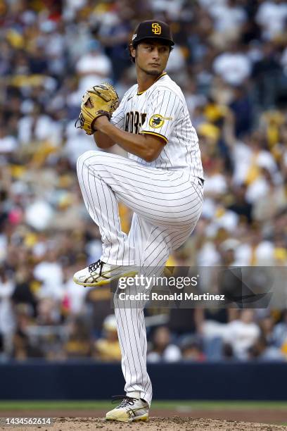 Yu Darvish of the San Diego Padres pitches during the second inning against the Philadelphia Phillies in game one of the National League Championship...