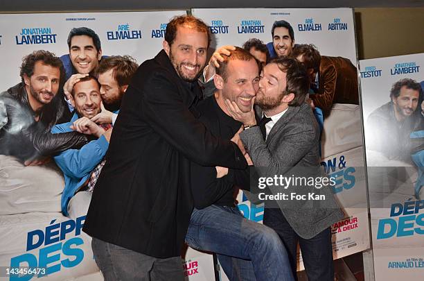 Actors Arie Elmaleh, Fred Testot and Jonathan Lambert attend the 'Depression Et Des Potes' - Paris Photocall at UGC Cine Cite des Halles on April 26,...