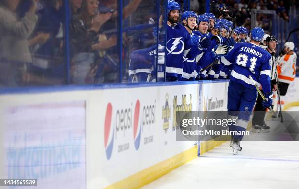 Steven Stamkos of the Tampa Bay Lightning wcelebrates a goal in the second period during a game against the Philadelphia Flyers at Amalie Arena on...