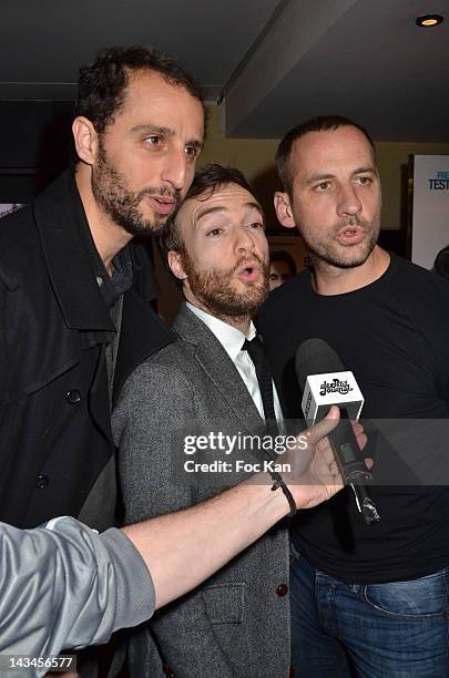 Arie Elmaleh, Jonathan Lambert and Fred Testot attend the 'Depression Et Des Potes' - Paris Photocall at UGC Cine Cite des Halles on April 26, 2012...