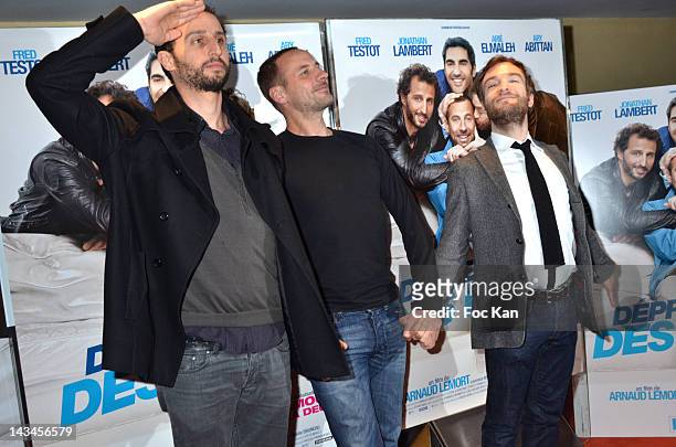 Actors Arie Elmaleh, Fred Testot and Jonathan Lambert attend the 'Depression Et Des Potes' - Paris Photocall at UGC Cine Cite des Halles on April 26,...