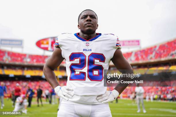 Devin Singletary of the Buffalo Bills warms up against the Kansas City Chiefs at GEHA Field at Arrowhead Stadium on October 16, 2022 in Kansas City,...