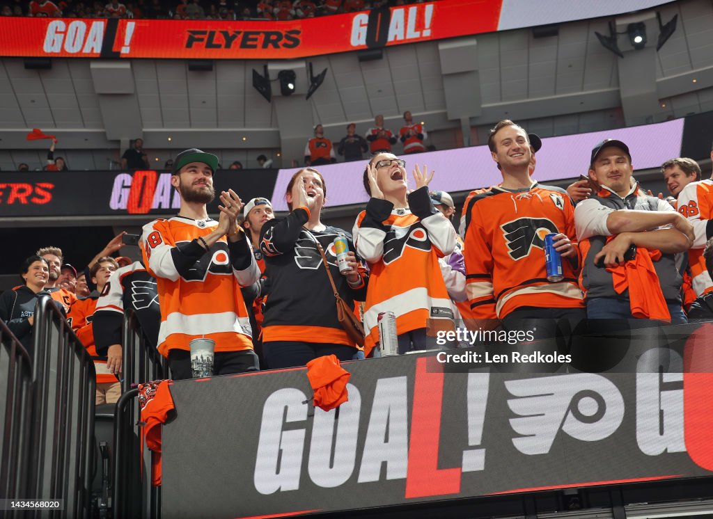 Devils Flyers Fans of the Philadelphia Flyers celebrate a goal during an NHL game ...
