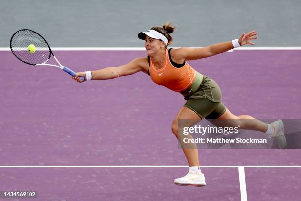 Bianca Andreescu of Canada leaps for a ball against Petra Kvitova of Czech Republic on day two of WTA Guadalajara Open Akron 2022, part of the...