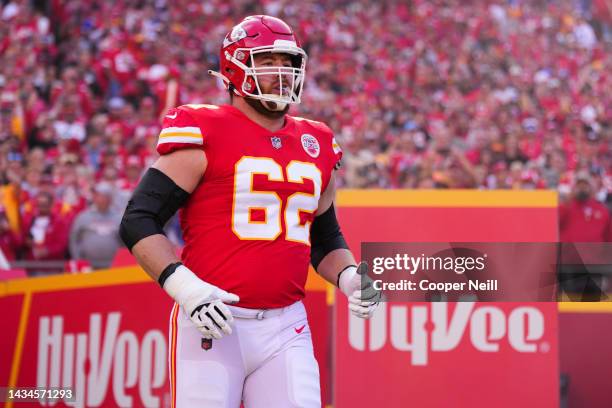 Joe Thuney of the Kansas City Chiefs runs onto the field during introductions against the Buffalo Bills at GEHA Field at Arrowhead Stadium on October...