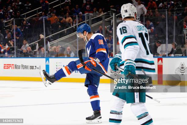 Oliver Wahlstrom of the New York Islanders celebrates his goal against the San Jose Sharks at 19:04 of the second period at UBS Arena on October 18,...