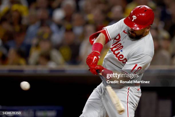 Kyle Schwarber of the Philadelphia Phillies hits a home run during the sixth inning against the San Diego Padres in game one of the National League...