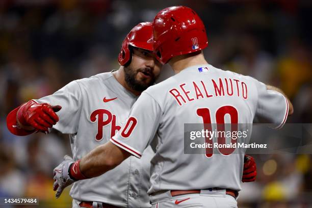 Kyle Schwarber of the Philadelphia Phillies celebrates with Rhys Hoskins after hitting a home run during the sixth inning against the San Diego...