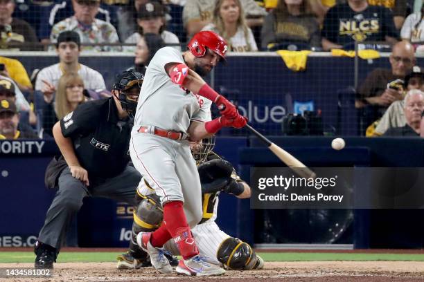 Kyle Schwarber of the Philadelphia Phillies hits a home run during the sixth inning against the San Diego Padres in game one of the National League...