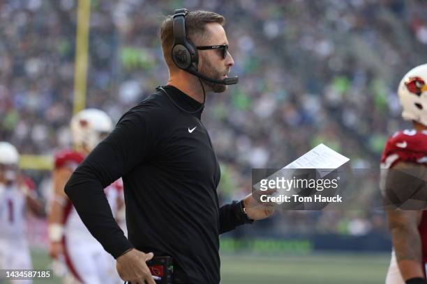 Head coach Kliff Kingsbury of the Arizona Cardinals looks on against the Seattle Seahawks during the first half at Lumen Field on October 16, 2022 in...
