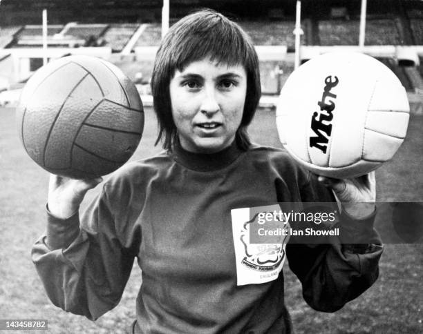 Goalkeeper Sue Buckett of the England women's football team, at a training session at Wembley, London, 15th November 1972. England are due to play...