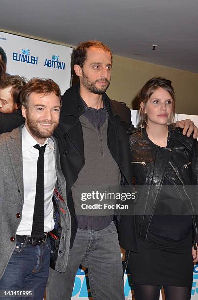 Actors Jonathan Lambert, Arie Elmaleh and Charlie Bruneau attend the 'Depression Et Des Potes' - Paris Photocall at UGC Cine Cite des Halles on April...